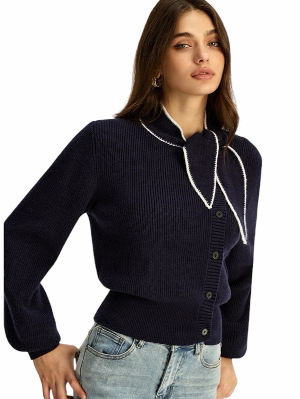 Commense - NWT Tie Neck Button Knit Cardigan Wool Blend Navy White Trim Sz M